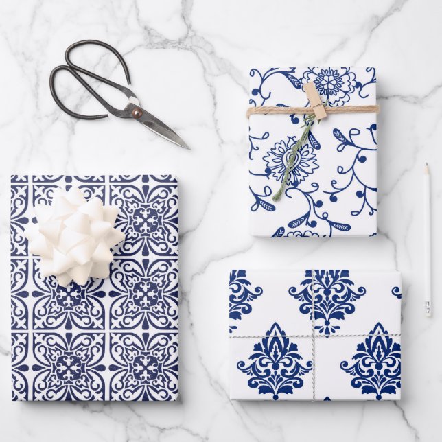 Hamptons Gemusterter Blau- und Weißschick Geschenkpapier Set (Vorderseite)
