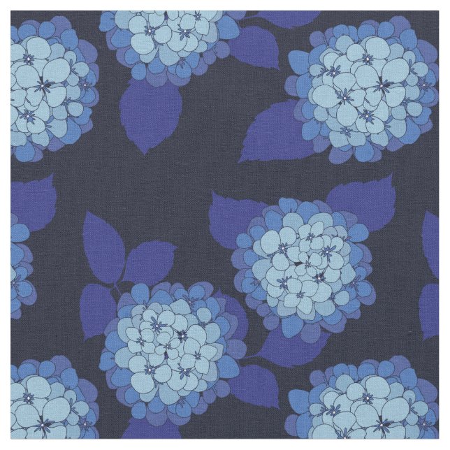 Hamptons Navy Blue Hydrangeas Blumenmuster Stoff (Nahaufnahme)