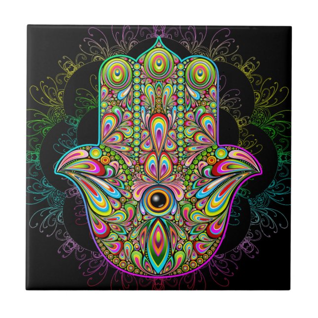 Hamsa Fatma Hand Psychedelic Art Fliese (Vorderseite)