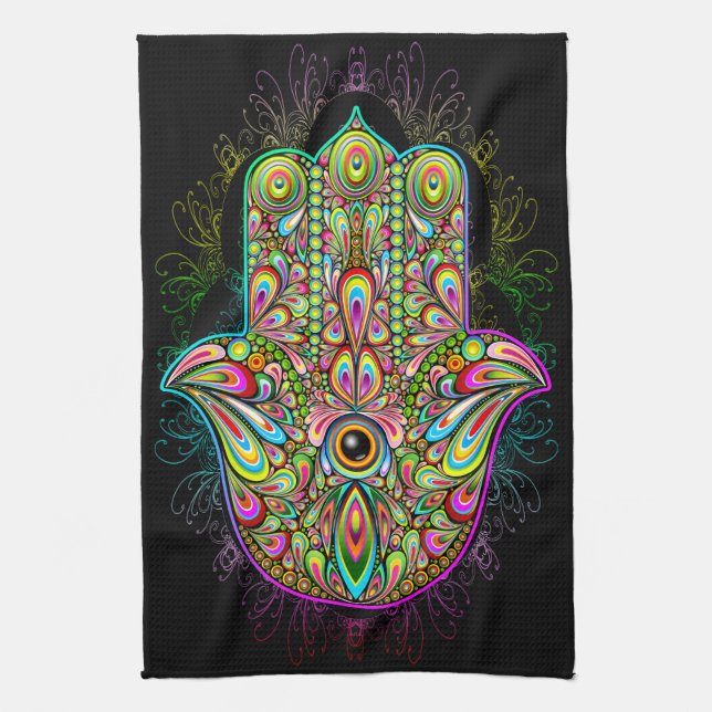 Hamsa Fatma Hand Psychedelic Art Geschirrtuch (Vertikal)
