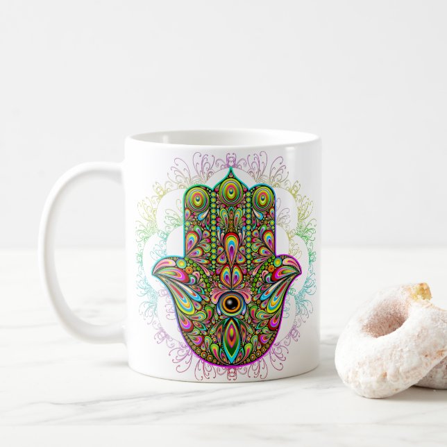 Hamsa Fatma Hand Psychedelic Art Kaffeetasse (Mit Donut)