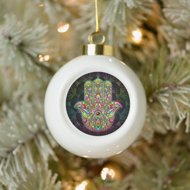 Hamsa Fatma Hand Psychedelic Art Keramik Kugel-Ornament (Baum)