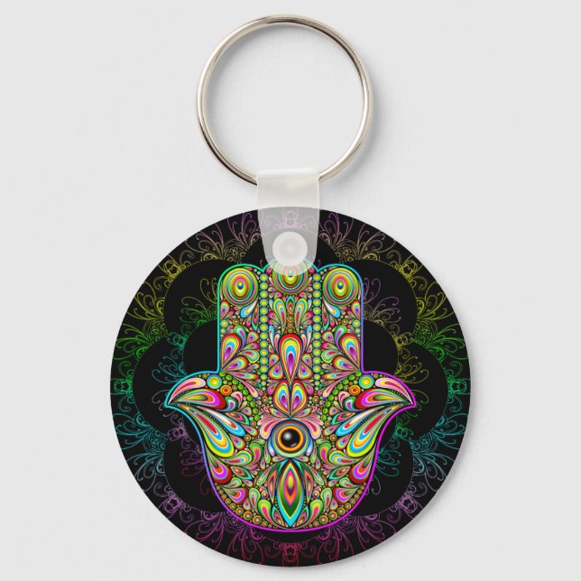 Hamsa Fatma Hand Psychedelic Art Schlüsselanhänger (Vorderseite)