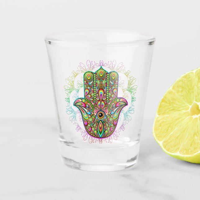 Hamsa Fatma Hand Psychedelic Art Schnapsglas (Vorderseite)