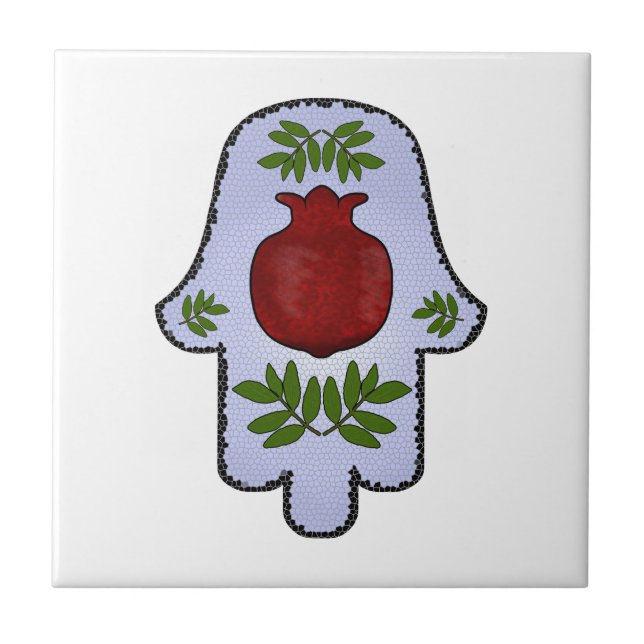 Hamsa, Granatapfel, hellblau, Buntglas Zazz Fliese (Vorderseite)