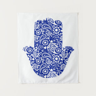 Hamsa Hand Bohemisch Blue White Tapestry Wandteppich