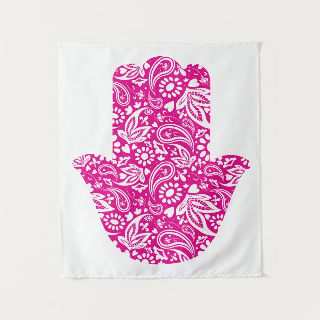 Hamsa Hand Boho Pink White Wandteppich (Vorderseite)
