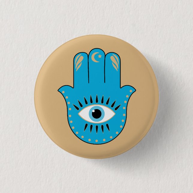 Hamsa Hand griechisches Evil Eye Blue Button (Vorderseite)
