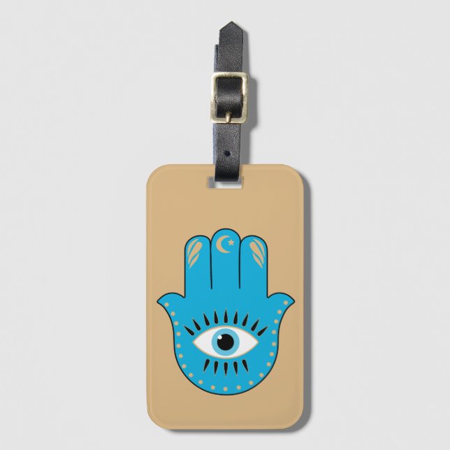 Hamsa Hand griechisches Evil Eye Blue Gepäckanhänger (Vorderseite Vertikal)