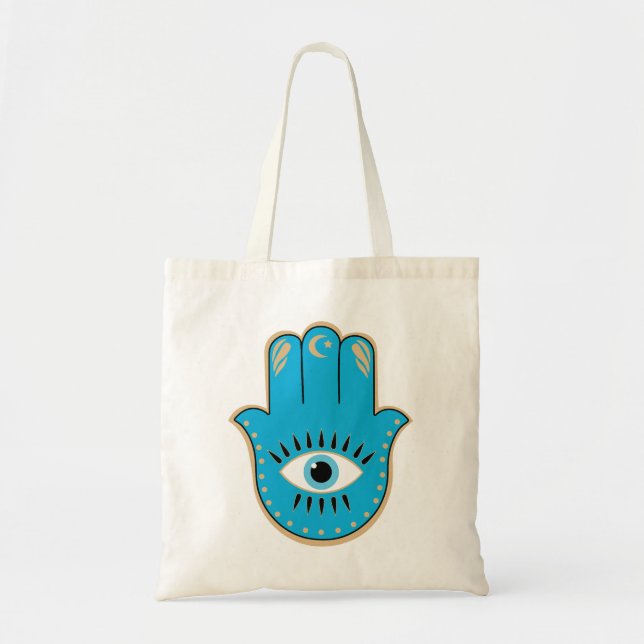 Hamsa Hand griechisches Evil Eye Blue Tragetasche (Vorne)