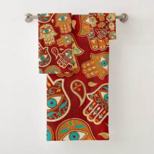 Hamsa Hand - Hand Fatima Aquamarin Terracotta Badhandtuch Set