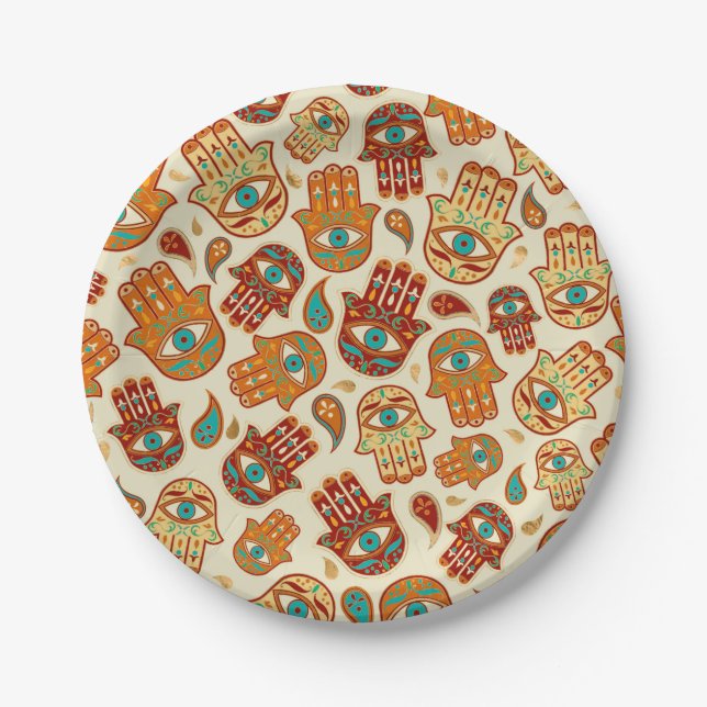 Hamsa Hand - Hand Fatima Aquamarin Terracotta Pappteller (Vorderseite)