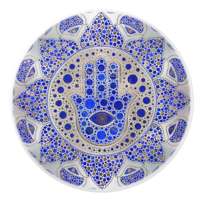 Hamsa Hand - Hand Fatima auf Mutter der Perle Keramikknauf (Vorderseite)