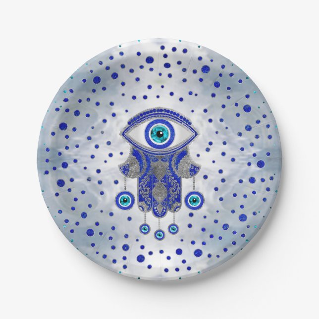 Hamsa Hand - Hand Fatima Lapis Lazuli und Silber Pappteller (Vorderseite)