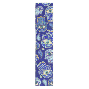 Hamsa Hand - Hand Fatima Muster Blaue Mineralien Kurzer Tischläufer