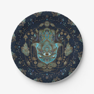 Hamsa Hand - Hand von Fatima Blue Gemstones Pappteller