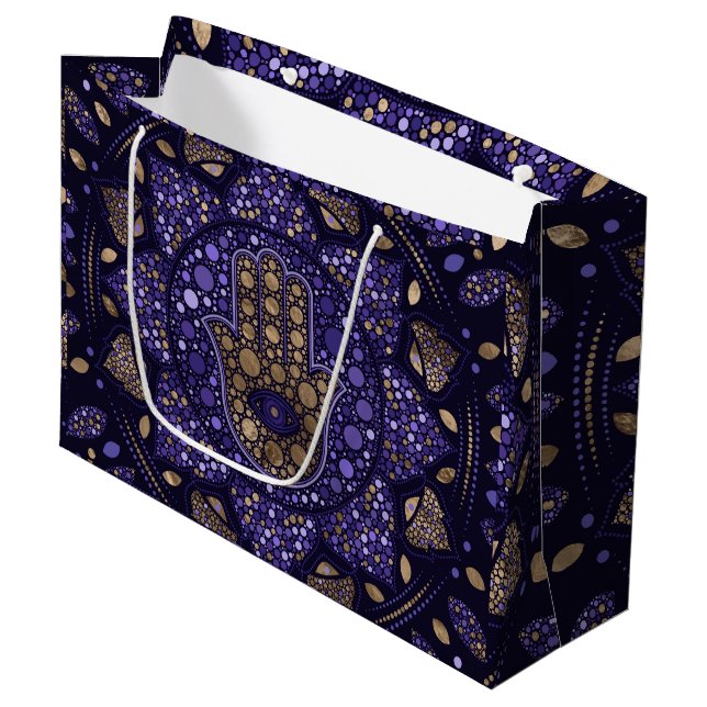 Hamsa Hand - Hand von Fatima in Lotus mandala Große Geschenktüte (Vorderseite Schrägansicht)