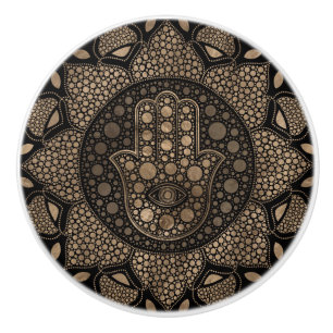 Hamsa Hand - Hand von Fatima in Lotus mandala Keramikknauf