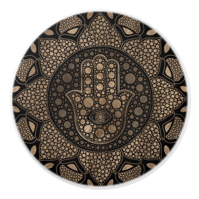 Hamsa Hand - Hand von Fatima in Lotus mandala Keramikknauf (Vorderseite)