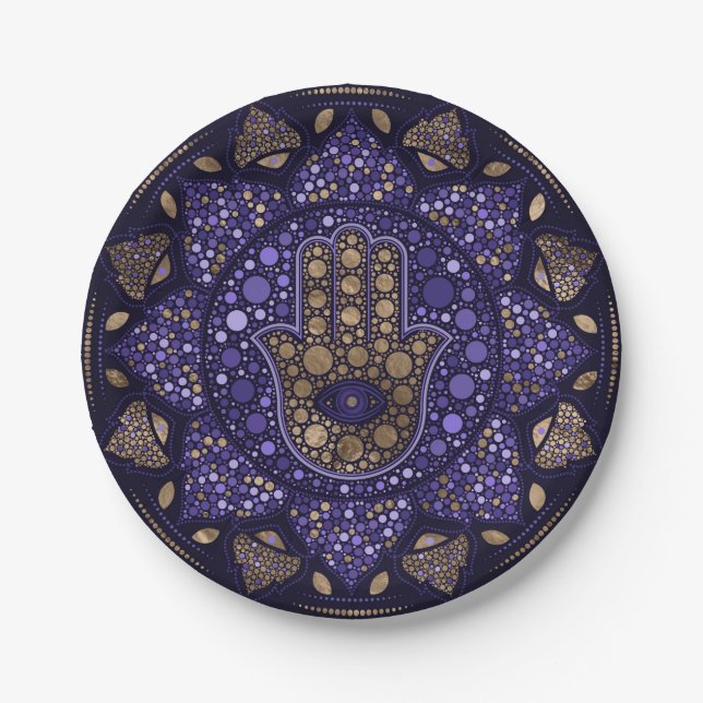 Hamsa Hand - Hand von Fatima in Lotus mandala Pappteller (Vorderseite)