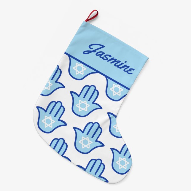 Hamsa Hand Jewish Star Blue Hanukkah Strumpf Großer Weihnachtsstrumpf (Vorderansicht (hängend))