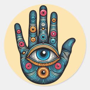 Hamsa Hand mit Augenkunstdarstellung Runder Aufkleber