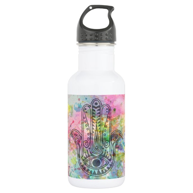 HAMSA Hand Symbol Farbige Wasserfarbe Edelstahlflasche (Vorderseite)