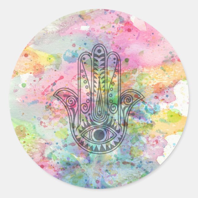 HAMSA Hand Symbol Farbige Wasserfarbe Runder Aufkleber (Vorderseite)