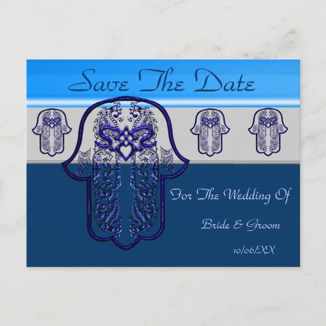 Hamsa Handfeat: Herz (Hochzeit) (blau) Ankündigungspostkarte (Vorderseite)