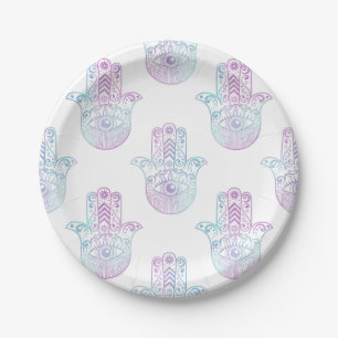 Hamsa Handmuster lila und blau Pappteller
