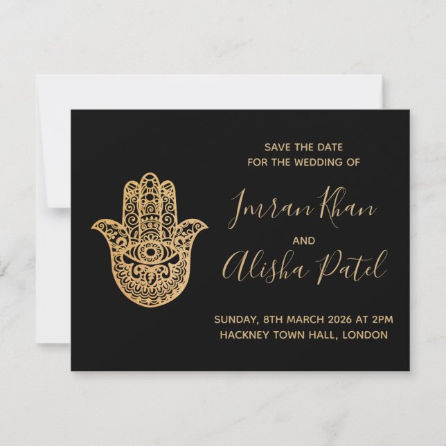 Hamsa Henna Gold Black Desi Einladung zur Hochzeit (Vorderseite)
