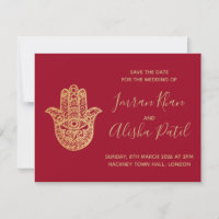 Hamsa Henna Gold Red Desi Wedding Einladung