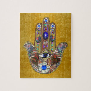 Hamsa-Herzen Blumen-Opal-Kunst auf Gold