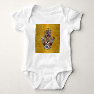 Hamsa-Herzen Blumen-Opal-Kunst auf Gold Baby Strampler