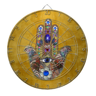 Hamsa-Herzen Blumen-Opal-Kunst auf Gold Dartscheibe