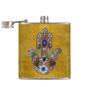 Hamsa-Herzen Blumen-Opal-Kunst auf Gold Flachmann