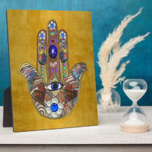 Hamsa Herzen Blumen Opal Kunst auf Gold Fotoplatte