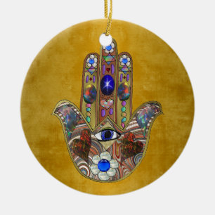Hamsa-Herzen Blumen-Opal-Kunst auf Gold Keramikornament