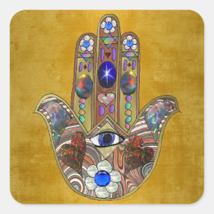 Hamsa-Herzen Blumen-Opal-Kunst auf Gold Quadratischer Aufkleber