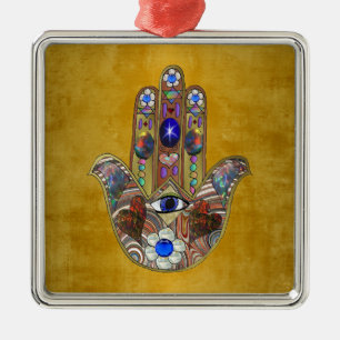 Hamsa-Herzen Blumen-Opal-Kunst auf Gold Silbernes Ornament