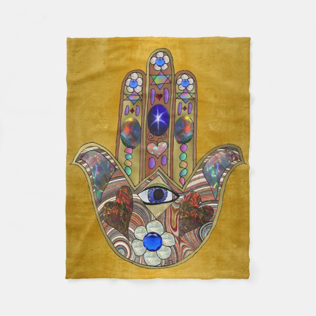 Hamsa Hört Blume Opal Art on Gold Fleecedecke (Vorderseite)