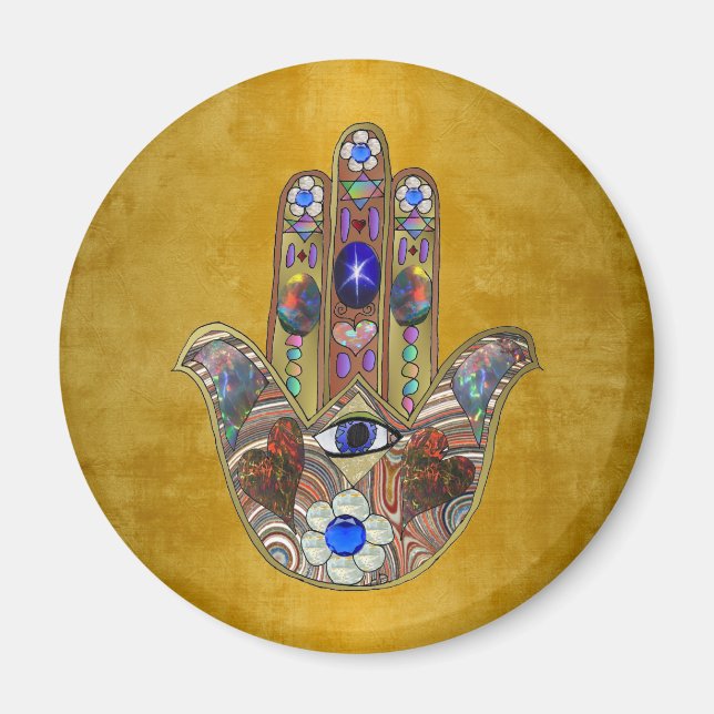 Hamsa Hört Blume Opal Art on Gold Magnet (Vorne)