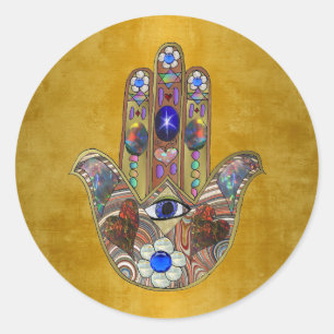 Hamsa Hört Blume Opal Art on Gold Runder Aufkleber