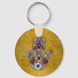 Hamsa Hört Blume Opal Art on Gold Schlüsselanhänger