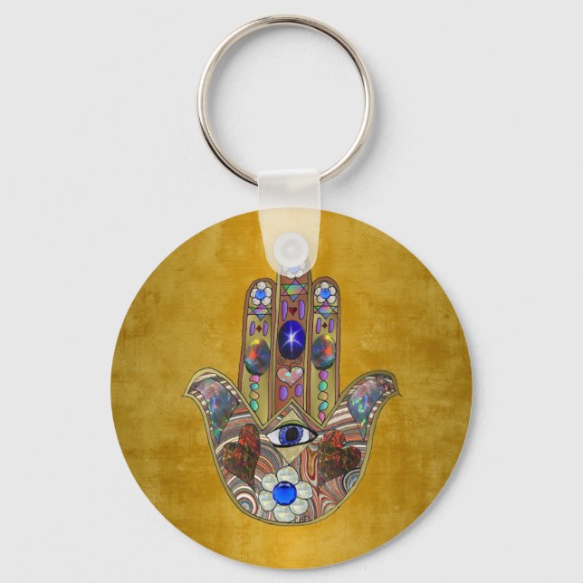 Hamsa Hört Blume Opal Art on Gold Schlüsselanhänger (Vorderseite)