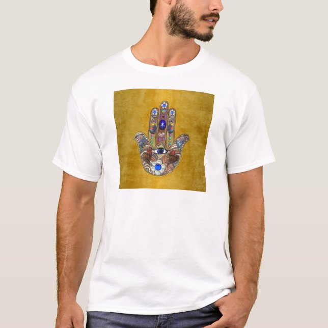 Hamsa Hört Blume Opal Art on Gold T-Shirt (Vorderseite)