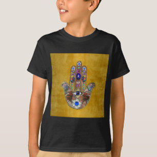 Hamsa Hört Blume Opal Art on Gold T-Shirt