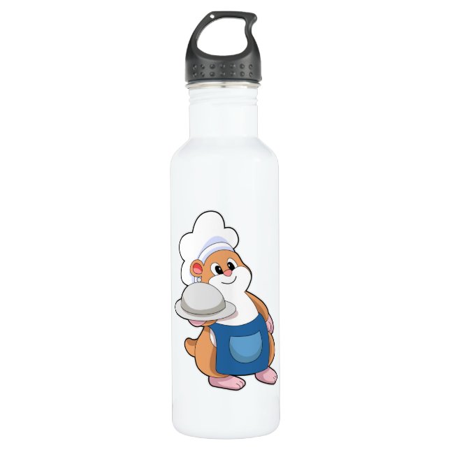 Hamster als Koch mit Platter Edelstahlflasche (Vorderseite)