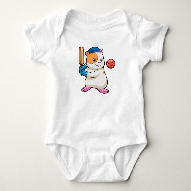 Hamster auf Cricket mit Cricket-Fledermaus und Cap Baby Strampler (Vorderseite)