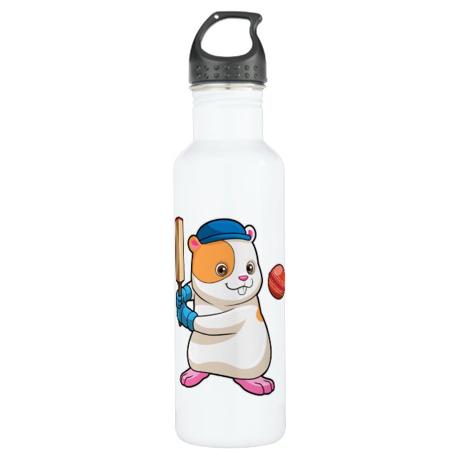 Hamster auf Cricket mit Cricket-Fledermaus und Cap Edelstahlflasche (Vorderseite)